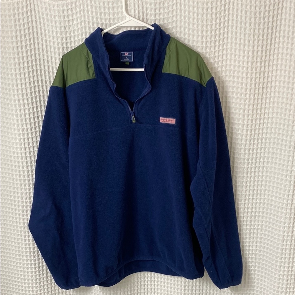 Men’s Vineyard Vines Navy and Green Quarter Zip Fleece Jacket - Size XL